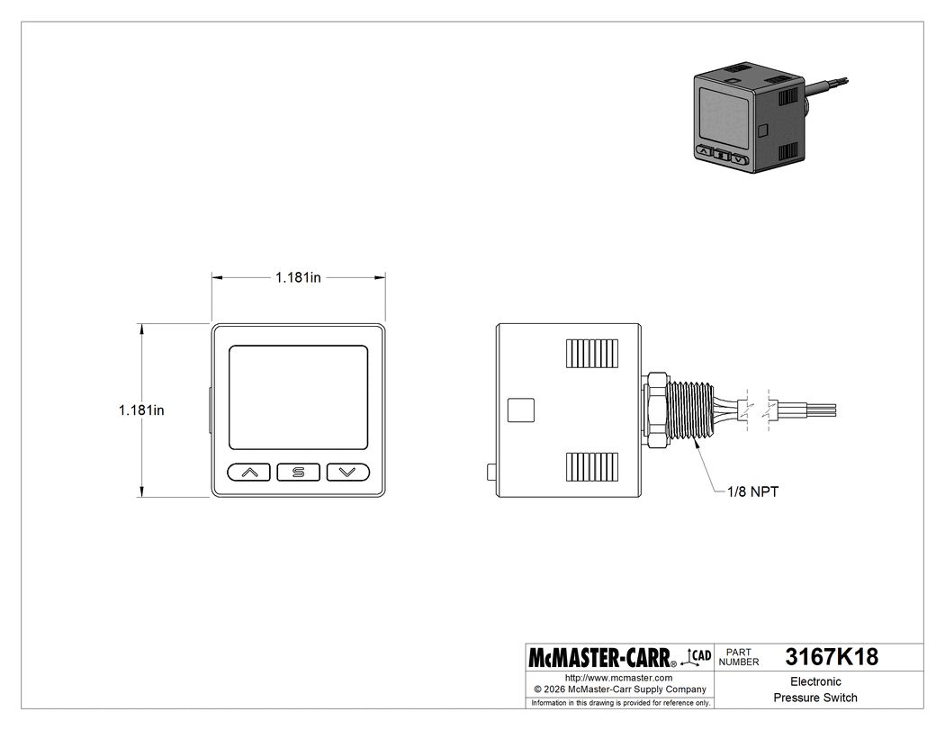 Technical Drawing of Electronic Pressure Switch, for Compressed Air, PNP, 1/8 NPT Male.